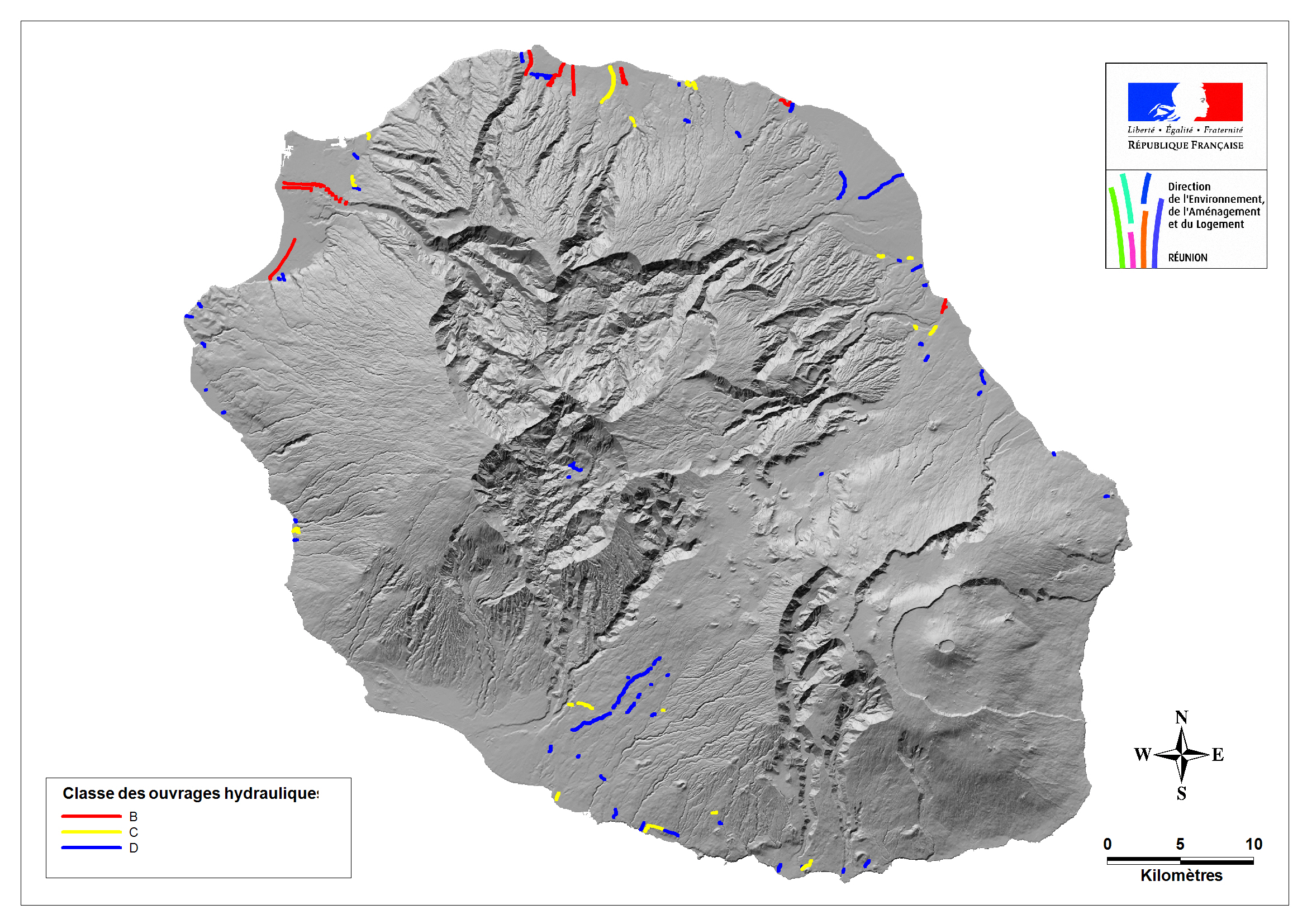 Carte des ouvrages hydrauliques à La Réunion
