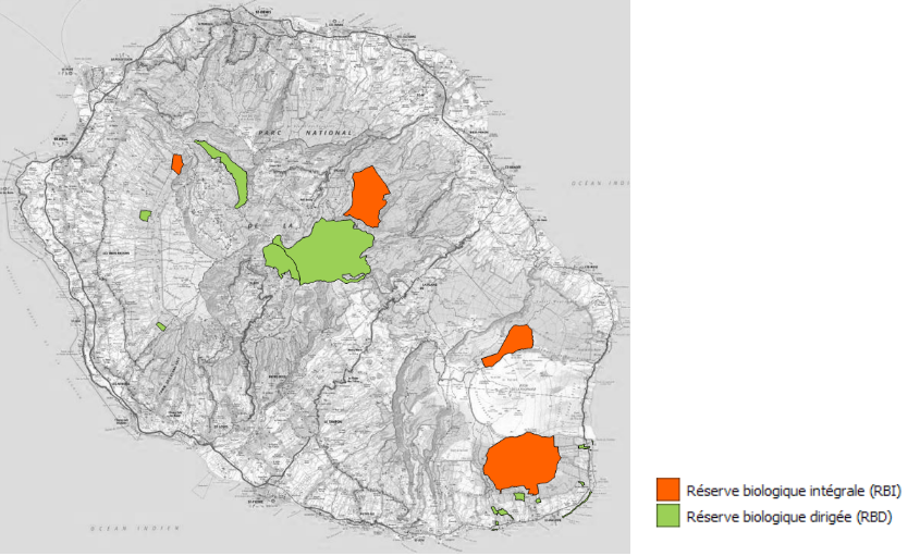 Carte des réserves biologiques de La Réunion